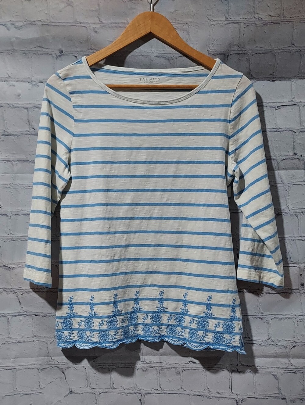 Talbots Small Petite Top 3/4 Sleeve Striped Floral Embroidered Top Garden Cotton